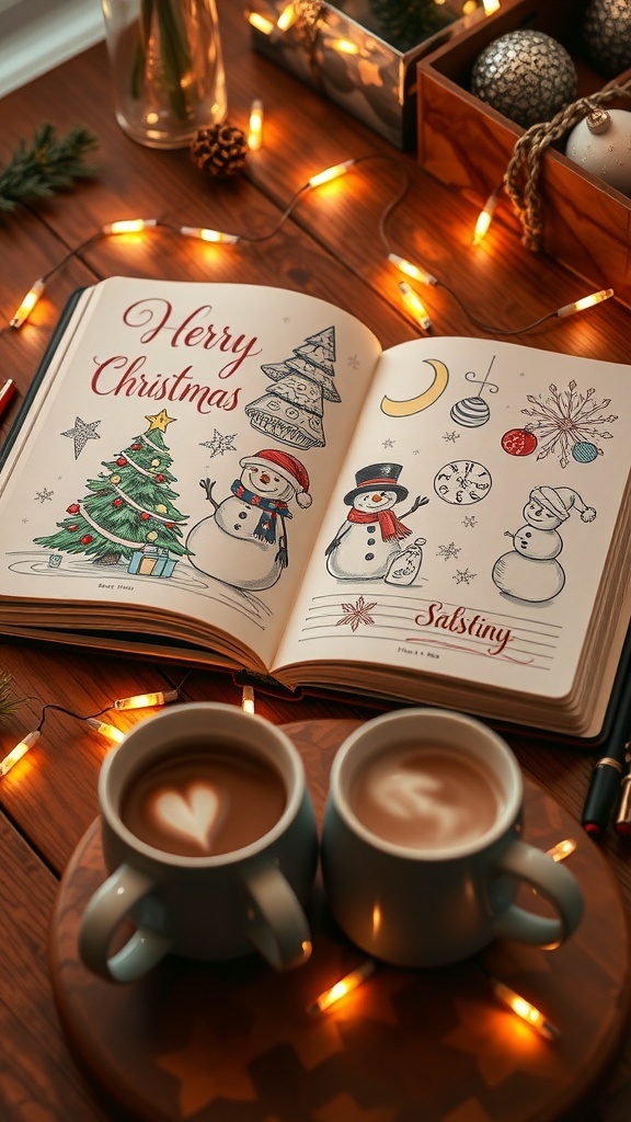 Christmas Drawing Journal Open drawing journal with Christmas sketches on a wooden table with fairy lights and hot cocoa.